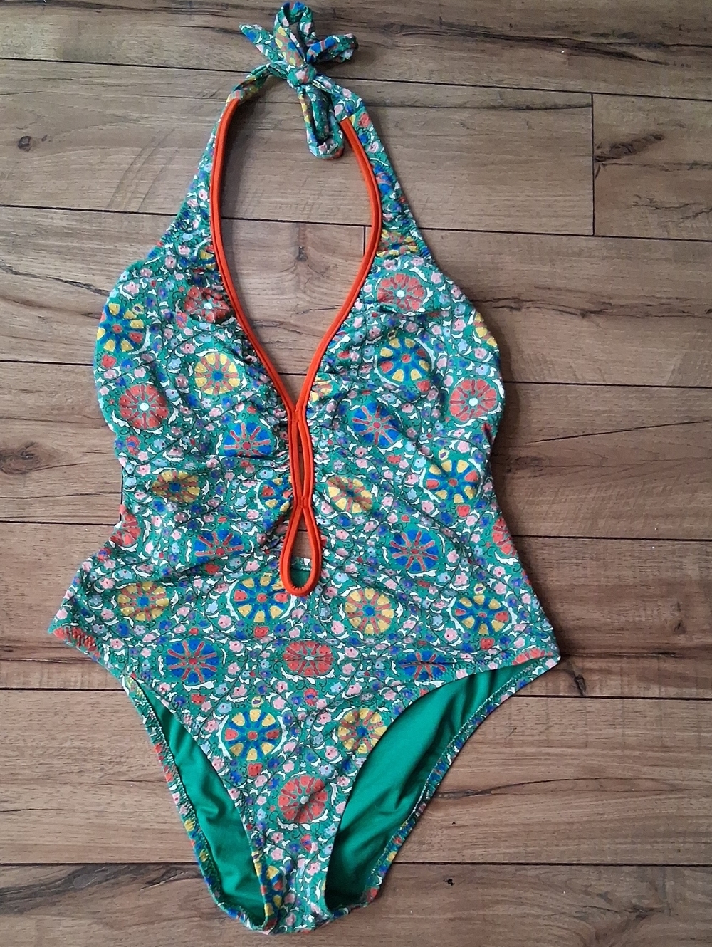 Women's Green Mosaic Halter V Neck One-Piece Swimsuit with Coral Trim Large - Picture 5 of 16